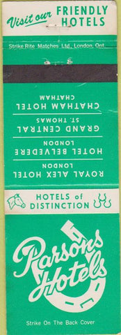 Matchbook Cover - Parsons Hotels ST Thomas Chatham London ON