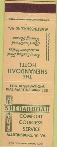 Matchbook Cover - The Shenandoah Hotel Martinsburg WV