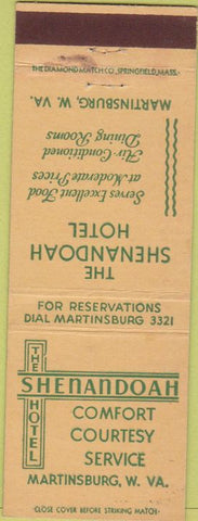 Matchbook Cover - Shenandoah Hotel Martinsburg WV