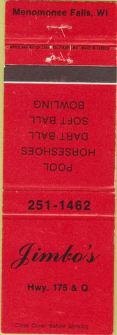 Matchbook Cover - Jimbo's billiards bowling Menomonee Falls WI
