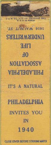 Matchbook Cover - 1940 Philadelphia Assoc Underwriters insurance WORN
