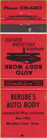 Matchbook Cover - Berube's Auto Body Meadow Lake SK