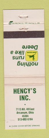 Matchbook Cover - John Deere Tractors Hency's Arcanum OH WEAR