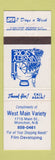 Matchbook Cover - West Main Variety Moncton NB