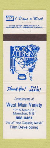 Matchbook Cover - West Main Variety Moncton NB