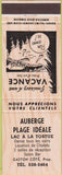 Matchbook Cover - Auberge Plage Ideale  Lac A La Tortue