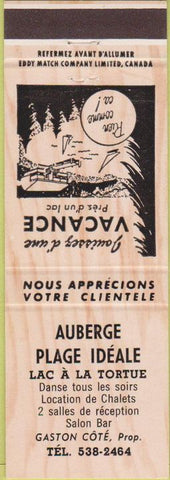 Matchbook Cover - Auberge Plage Ideale  Lac A La Tortue