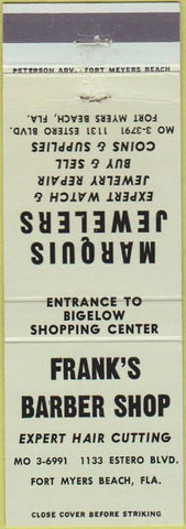 Matchbook Cover - Frank's Barber Shop Fort Myers Beach FL Jeweler