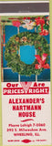 Matchbook Cover - Alexander's Hartmann House Wheeling IL