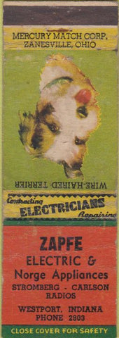 Matchbook Cover - Zapfe Electric Norge Appliances Westport IN WORN