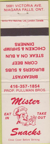 Matchbook Cover - Mister Snacks Niagara Falls ON