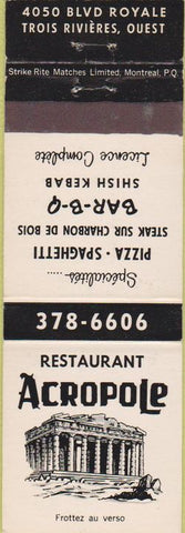 Matchbook Cover - Restaurant Acropole Trois Rivieres