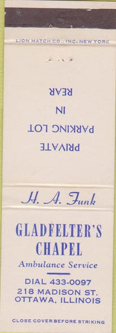 Matchbook Cover - Gladfelter's Chapel ambulance Ottawa IL