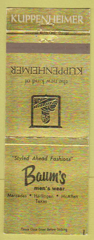 Matchbook Cover - Kuppenheimer Clothes Baum's Mercedes McAllen Harlingen TX