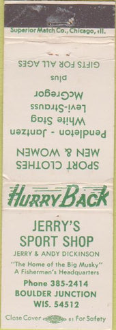 Matchbook Cover - Jerry's Sport Shop Boulder Junction