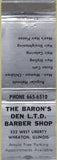 Matchbook Cover - Baron's Den Barber Shop Wheaton IL