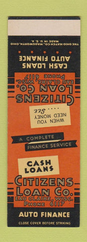 Matchbook Cover - Citizens Loan Finance Eau Claire WI SAMPLE