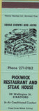 Matchbook Cover - Pickwick Restaurant Steak House Stratford
