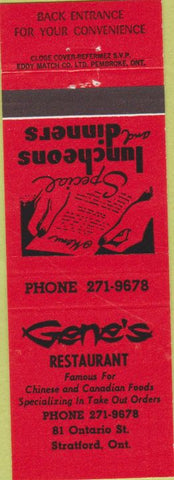 Matchbook Cover - Gen's Restaurant Stratford ON