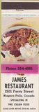 Matchbook Cover - James Restaurant Niagara Falls Canada WORN