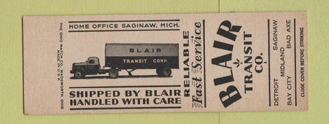 Matchbook Cover - Blair Trucking Detroit Midland Bad Axe Bay City MI SAMPLE