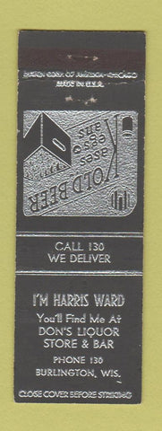 Matchbook Cover - Harris Ward Liquor Burlington WI low phone #