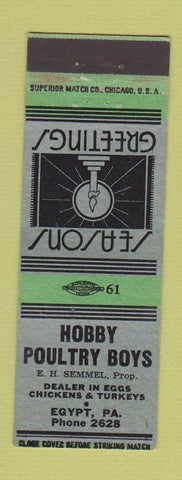 Matchbook Cover - Hobby Poultry Boys Chicken Turkey Egypt PA low phone #