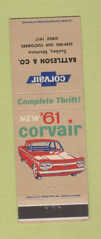 Matchbook Cover - 1961 Chevrolet Corvair Battleson Scobey MT