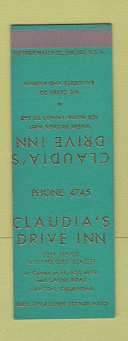 Matchbook Cover - Claudia's Drive Inn Lawton OK low phone # SAMPLE