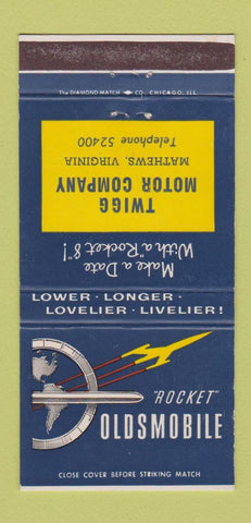 Matchbook Cover - Oldsmobile Rocket Twigg Mathews VA 30 Strike