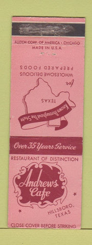 Matchbook Cover - Andrews Cafe Hillsboro TX CREASE