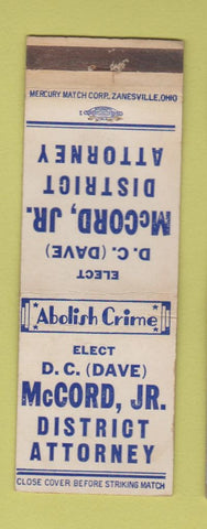 Matchbook Cover - DC Dave McCord District Attorney Dallas? TX