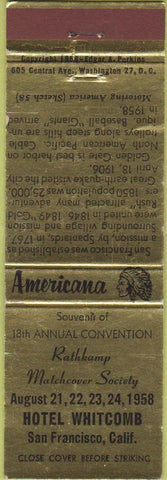 Matchbook Cover - Perkins Americana RMS Hotel Whitcomb San Francisco CA Gold