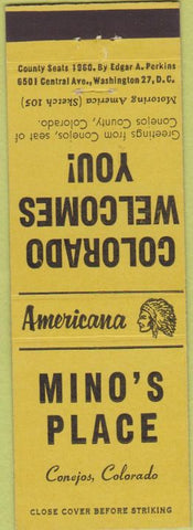 Matchbook Cover - Perkins Americana Mino's Place Conejos CO Yellow