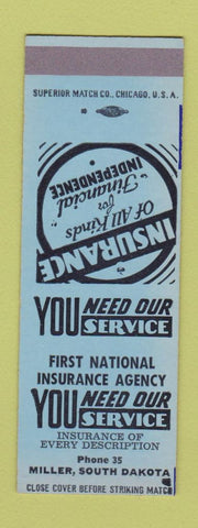 Matchbook Cover - First National Insurance Miller SD low phone # SAMPLE