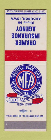 Matchbook Cover - Mutual Fire Insurance Cramer Audubon IA low phone # SAMPLE