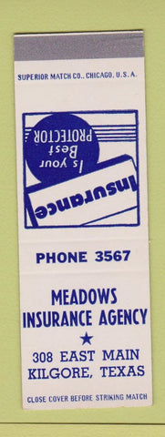 Matchbook Cover - Meadows Insurance Kilgore TX low phone # SAMPLE