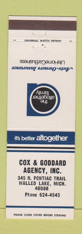 Matchbook Cover - Cox Goddard Insurance Walled Lake MI