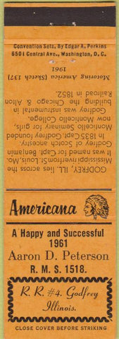 Matchbook Cover - Perkins Americana Aaron Peterson RMS Godfrey IL Orange