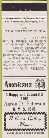 Matchbook Cover - Perkins Americana Aaron Peterson RMS Godfrey IL White