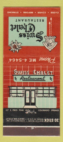 Matchbook Cover - Swiss Chalet Restaurant Colorado Springs 30 Stick