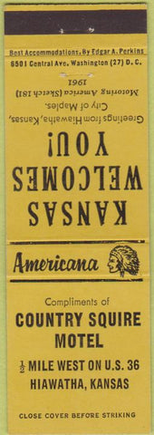 Matchbook Cover - Perkins Americana Country Squire Motel Hiawatha KS Yellow