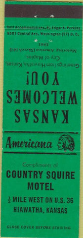 Matchbook Cover - Perkins Americana Country Squire Motel Hiawatha KS Green