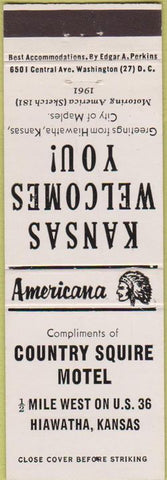 Matchbook Cover - Perkins Americana Country Squire Motel Hiawatha KS White