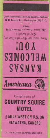 Matchbook Cover - Perkins Americana Country Squire Motel Hiawatha KS Pink