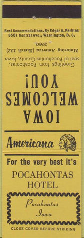 Matchbook Cover - Perkins Americana Pocahontas Hotel  IA Yellow