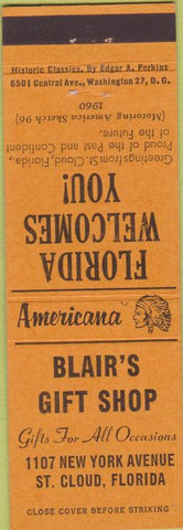 Matchbook Cover - Perkins Americana Blair's Gift Shop St Cloud FL Orange