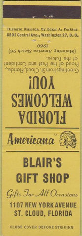 Matchbook Cover - Perkins Americana Blair's Gift Shop St Cloud FL Yellow