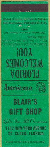 Matchbook Cover - Perkins Americana Blair's Gift Shop St Cloud FL Green