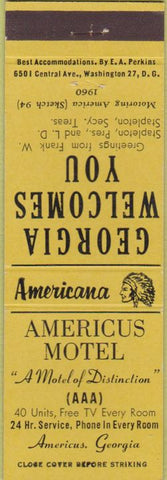Matchbook Cover - Perkins Americana American Motel Americus GA Yellow